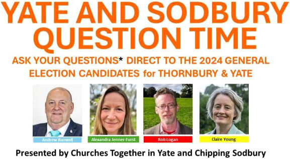 yas-qt A graphic titled "YATE AND SODBURY QUESTION TIME" promotes asking questions to the 2024 general election candidates for Thornbury & Yate, with four portraits of candidates below: Andrew Burnell,