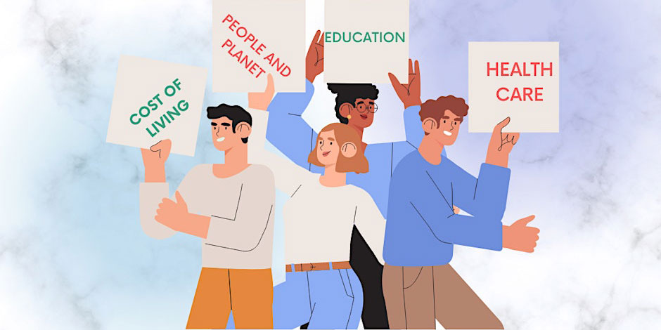 Four people hold signs reading “COST OF LIVING”, “PEOPLE AND PLANET”, “EDUCATION”, and “HEALTH CARE”.